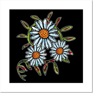 Bright daisy flowers with swirly leaves Posters and Art